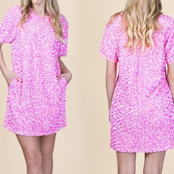 Pink Sequin Dress with Pockets Round Neck Short Sleeves Mini Dress - Picture 3 of 4